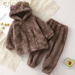 Pajamas Baby Boy Girl Clothes Pajamas Set Flannel Fleece Infant Toddler Child Warm Hooded Sleepwear Home Suit Winter Spring Autumn 1-5Y 230830