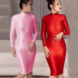 Basic Casual Dresses Summer Sexy Dres Bodycon Glossy Sheer See Through Shiny Silk Smooth Tight Long Sleeves White Red Plus Size 230830