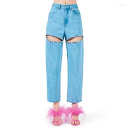 Women's Pants Autumn Fashion Diamond Beading Hollow Out Jeans Blue Loose Straight Length High Waisted Denim Women Long 2023 Brand