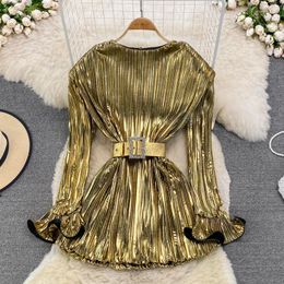 Casual Dresses Bling Dress For Women O-neck Butterlfy Sleeve Belt Vestido Woman Solid Pleated Minimalist Autumn A-line Fashion Dropship