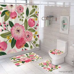 Shower Curtains Pink Flowers Rose Printed Shower Curtain Set Waterproof Women Bathing Bathroom Pedestal Rug Carpet Cover R230831