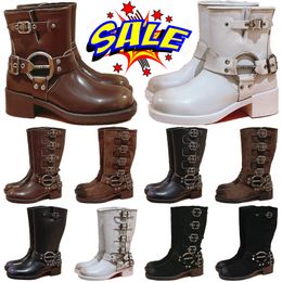 alta qualità Miumius lady Martin Boots Donna Fibbie per cinture con suola spessa Nero marrone punk Stivale romano locomotiva moto stivali alti al ginocchio in pelle