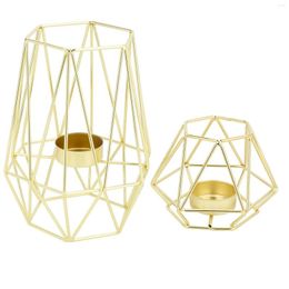 Candle Holders Set Of 2 Gold Geometric Metal Tealight For Living Room & Bathroom Decorations - Centrepieces Wedding Din