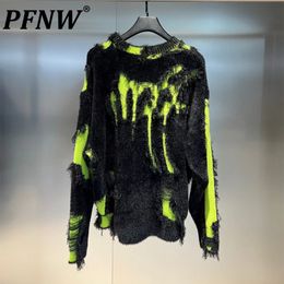 Men's Sweaters PFNW Spring Autumn Pullovers High Street Vintage Print Hole Colours Spliced Trend Chic Leisure Niche Coats 28A0641 230830