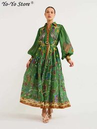 Basic Casual Dresses Green Birds Flower Printed Midi Dress Women With Belt Long Lantern Sleeve Big Swing Elegant Dresse Single Breasted Loose Robe T230825