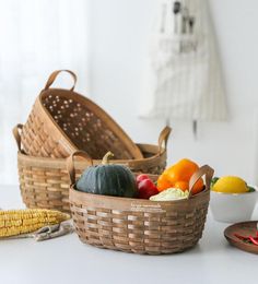 Storage Baskets Wooden Chip Hand-woven Picnic Fruit Basket Vegetable Bread Bask