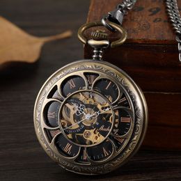 Pocket Watches Bronze Mechanical Hand Wind Pocket Watches Roman Numeral Dial Skeleton Mechanical Flip Watch Men Clock With Fob Chain Gift Box 230830