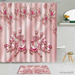 Shower Curtains Luxury Flowers Pearl Shower Curtain Three-Dimensional Floral Pink Rose Non-Slip Bath Mat Bathroom Curtains Fabric Set R230830