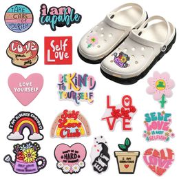 Wholesale 100Pcs PVC Self Love Club Take Care of Yourself Sandals Buckle Shoe Charms Woman Decorations For Backpack Button Clog