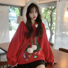 Women's Hoodies Women Hooded Sweatshirts Oversized Winter Warm Christmas Tree Print Home Loose Tops Cute Red Plush Patchwork Ladies Xmas