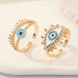 Hollow Zircon Evil Eye Finger Rings For Women Men Punk Bling Turkish Blue Eye Adjustable Ring Marriage Party Jewelry