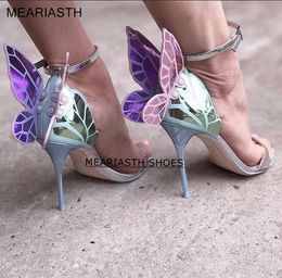 Sandals Female Butterfly Wings Metal Stiletto Heel Metallic Cut outs Pumps Leather Ankle Buckle Summer White 230830