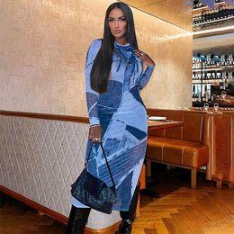 Basic Casual Dresses Summer Blue Denim Print Long Sleeve Maxi Vacation Outfits For Women 2023 Streetwear O Neck Bodycon Dress Vestidos 230830