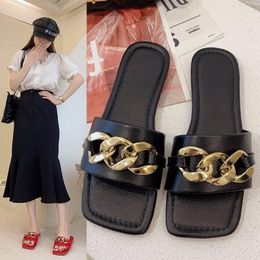 Slippers Casual Outdoor Summer Shoes Fashion Flat-bottomed Gold Chain Women Size 43 Flat With 2023