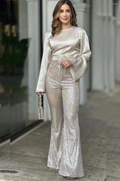 Women's T Shirts Women Satin Sexy Crop Tops And Flare Sequin Trousers Set Solid Backless Lace-up Shirt Glitter Sparkle Elastic Waist Pants