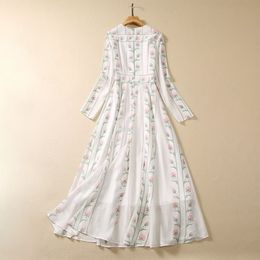 Autumn White Floral Print Panelled Chiffon Dress Long Sleeve Round Neck Long Maxi Casual Dresses A3Q191341 Plus Size XXL