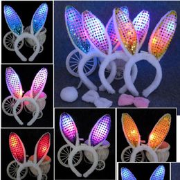 Party Favour Led Bunny Ears Headband Light Up Flashing Fluffy Rabbit Ear Headbands Sequins Headdress Costume Cosplay Woman Halloween Dhism