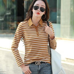 Women's T Shirts Cotton Long Sleeve Tees Fashion Striped T-shirt Slim 2023 Autumn Polo Collar Buttoned Bottoming Shirt