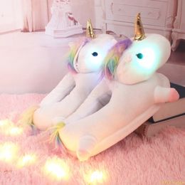 Slippers 35cm Unicorn Plush Indoor Winter Warm Shoes With LED Light Shining Slipper for Girls at Night 230830