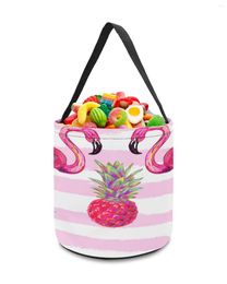 Storage Bags Flamingo Pink White Stripe Basket Candy Bucket Portable Home Bag Hamper For Kids Toys Party Decoration Supplies