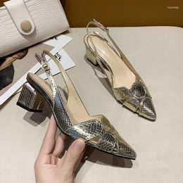 Sandals Women's Golden Silver Bling 2023 Summer Ladies Thick Heel High Pointed Hollow Out Shoe Comfortable Breathable Shoes