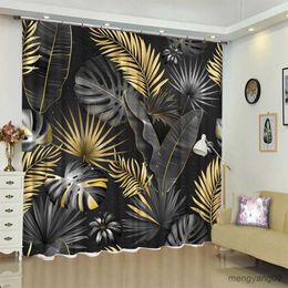 Shower Curtains Tropical Green Plant Bathroom Shower Curtains Black Background Gold Leaf Pattern Bath Curtain Home Bathroom Decor R230831