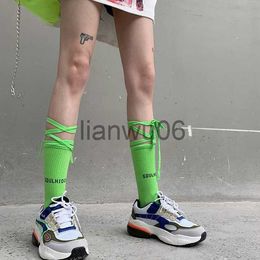 Others Apparel Fashion green Men's socks Street Cool Hip Hop Fluorescence Yellow Unisex Women Men ribbon Long socks cotton Funny Socks happy J230830