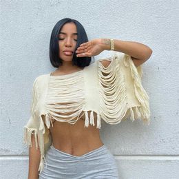 Women's T Shirts Fashion Unique Cloak Women Sexy Hollow Out Knitted Tassel Pullover Blouse Summer Casual Loose Crop Tops Beach Cover Ups