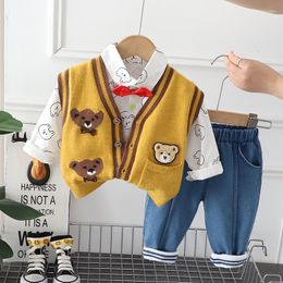 Clothing Sets Spring And Autumn Baby Bear Long Sleeve Set 0-5 Year Old Boys' Knitted Vest Shirt Pants Three Piece Casual Sportswear