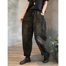 Women's Jeans Spring Summer Arts Style Women Elastic Waist Vintage Print Cotton Denim Harem Pants Ankle-length Casual Loose C775