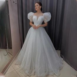 Shiny A Line Wedding Dresses with Puffy Sleeve Sweetheart Pleat Bridal Dress Glitter Tulle Vestidos De Mariage