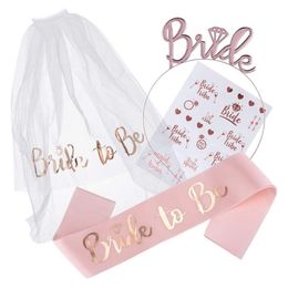 Decorative Objects Figurines 1Set Bride To Be Veil Satin Sash Hiarband Bridal Shower Wedding Decorations Tattoo Stickers Hen Bachelorette Party Supplies 230829