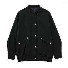 Women's Jackets YENKYE 2023 Women Vintage Oversize Black Flap Bomber Jacket Long Sleeve Round Neck Female Autumn Outerwear