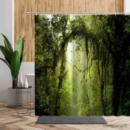 Shower Curtains 3D Tropical Forest Natural Scenery Waterproof Shower Curtain Green Trees Deep Forest Bathroom Partition Screen Bath Curtain R230831