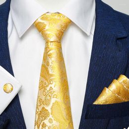 Fliege Seide Männer Krawatte Set Floral Gelbgold und Taschentücher Manschettenknöpfe Herren Hochzeit Party Anzug Mode Paisley Hals