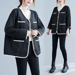 Women's Jackets 150Kg Oversized Bust 150 Autumn Loose V-neck Long Sleeve Small Fragrant Coat Black-6XL 7XL 8XL 9XL