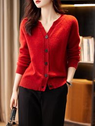 Women's Knits Autumn Winter V-neck Thickened Cardigan For Women Merino Wool Sweater Warm Long Sleeves Cashmere Knitwear Korean Fashion