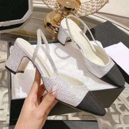 New CH Classic Designer Dress Shoes Fashion Designer Sandals with Colourful Rhinestone Thick Heel Square Toe Sandals High Heel Slippers Sheepskin Women's Shoes