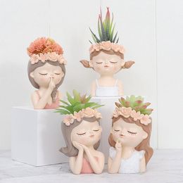 Planters Pots Female Head Flower Pot Human Cute Portrait Fleshy Succulent Bonsai Planter Resin Girl Vase Sculpture Indoor Plant Flowerpot 230829