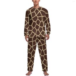 Men's Sleepwear Giraffe Print Pajamas Mens Brown Animal Fashion Nightwear Spring Long-Sleeve 2 Pieces Night Printed Set