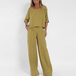Women's Pants 2023 Summer Clothes Casual Loose Solid Color Short Sleeve Cotton Wide Leg Pant Suit
