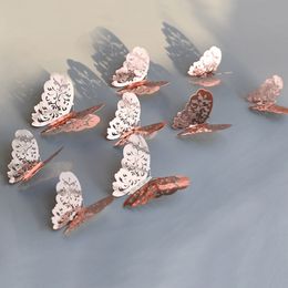 Wall Stickers 12PcsSet Rose Gold 3D Hollow Butterfly For Home Beautify Butterflies Decals Party Wedding Decor Room Decoration 230829