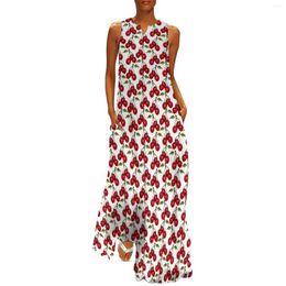 Casual Dresses Watercolor Fruit Print Dress Pretty Red Cherry Cute Maxi Korean Fashion Bohemia Long Summer V Neck Custom Vestido