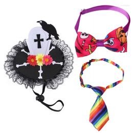 Dog Collars Halloween Pet Cat Outfit Cosplay Costume Colorful Tie And Unique Raven Tombstone Headpiece Adjustable