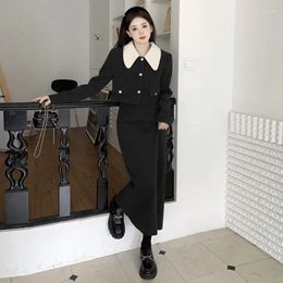 Two Piece Dress UNXX 2 Set Elegant Chic Retro Corduroy Contrast Colour Long Sleeve Doll Collar Jacket Korean Fashion Skirt Tweed Sets