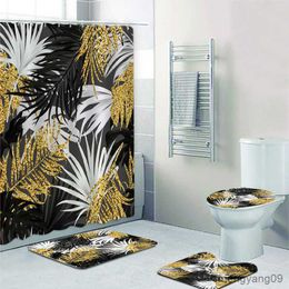 Shower Curtains Black and Gold Tropical Plant Leaf Bathroom Shower Curtain Set for Bathtub Leaves Bath Mats Rugs Home Decor R230830