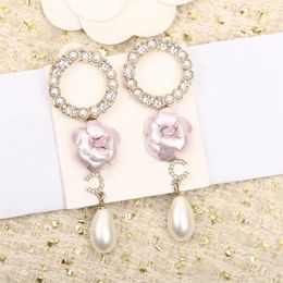 2023 Luxury quality Charm drop earring with diamond and nature shell beads flower deisgn in pink color have box stamp PS7961A307F