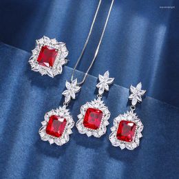 Necklace Earrings Set EYIKA Charms Zircon Fusion Stone Created Ruby Flower Pendant Ring Drop Women Wedding Brazil Fine Jewelry