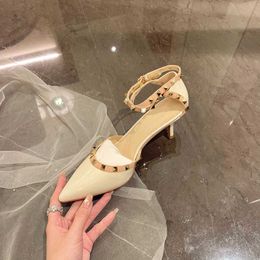 Valentine High-heeled Rivet Leather Heels Best-quality Hollow Dinner Pointed Sandals Womens Thin Heels Wedding Shoes L7a4r