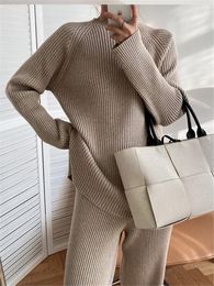 Women's Two Piece Pants Autumn Winter 2 Pieces Sets Knitted Tracksuit Solid Half Turtleneck Sweater And Wide Leg Jogging Outfit Suits